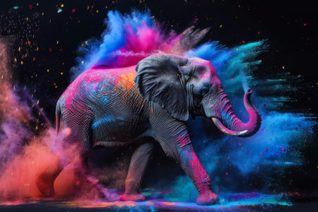 Elephant in colorful powder explosion on a black background. Creative designの素材
