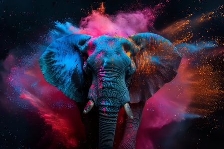 Portrait of a tiger with colored powder. Colorful background.の素材