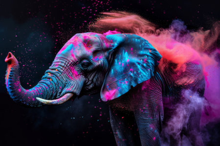 Portrait of a tiger with colored powder on a black background.の素材