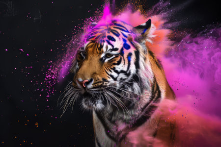 Portrait of a tiger with colored powder on a black background.の素材