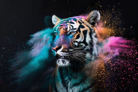 Portrait of a beautiful tiger with colored smoke on a black backgroundの素材