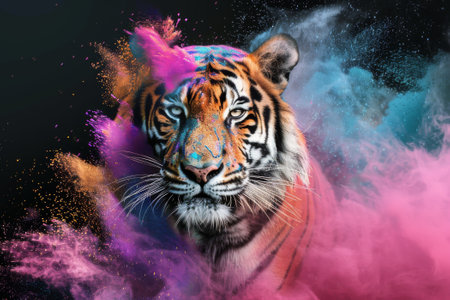Close-up of a beautiful tiger with colored powder on black backgroundの素材