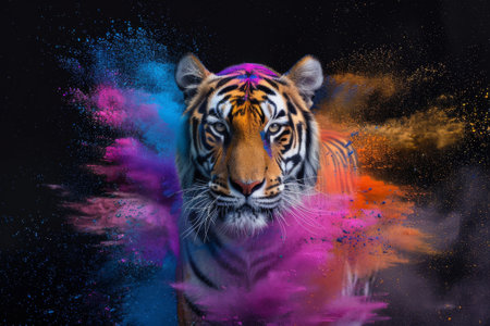 Portrait of a tiger with colored powder on a black background.の素材