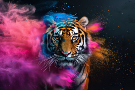 Portrait of a beautiful tiger with colored smoke on a black backgroundの素材