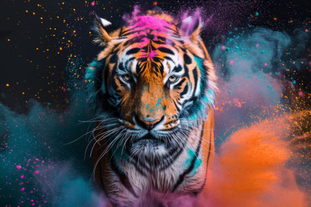 Close-up portrait of a tiger with colored powder. Abstract background.の素材