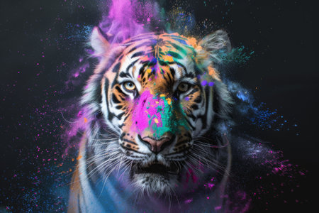 Portrait of a tiger with colorful paint splashes on black backgroundの素材