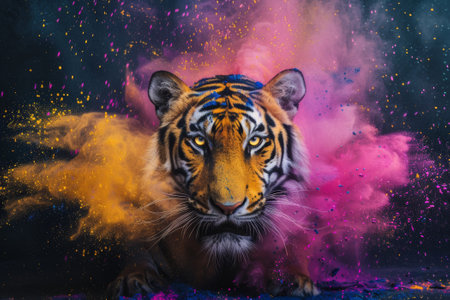 Portrait of a tiger with colorful paint splashes on a black backgroundの素材