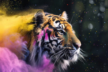 Portrait of a tiger with colorful paint splashes on black backgroundの素材