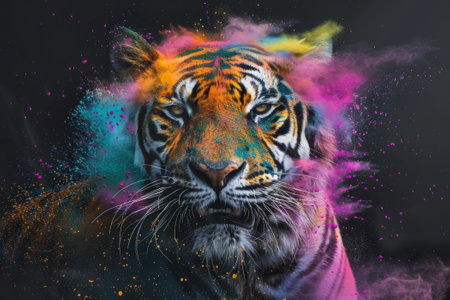 Tiger portrait with colorful paint splashes on black background. Fantasy animal.の素材