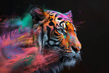 Portrait of a tiger with colored powder on a black background.の素材