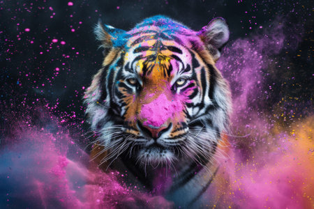 Close-up portrait of a beautiful tiger with colorful smoke on backgroundの素材