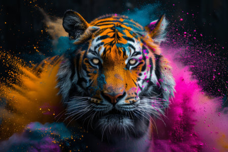 Close-up portrait of a beautiful tiger in a colored powder cloudの素材