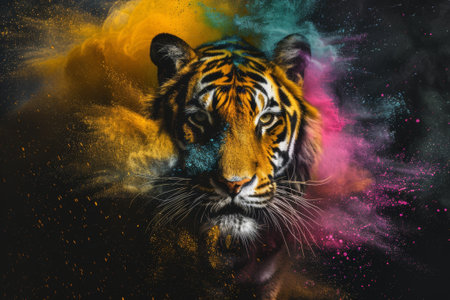 Portrait of a tiger with colored powder in the background. Colorful backgroundの素材