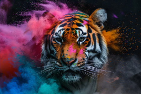 Close up of a tiger with colored smoke on a black background.の素材