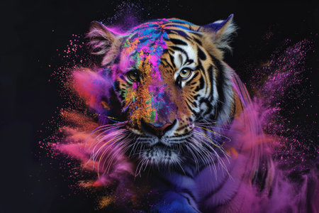 Portrait of a tiger with colored powder on a black background.の素材