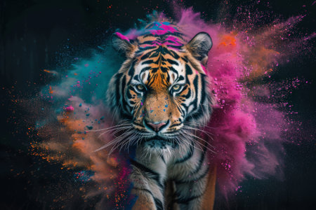 Portrait of a tiger in a colored powder cloud on dark backgroundの素材
