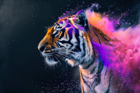 Portrait of a tiger with colorful paint splashes on a black background.の素材