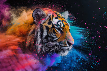 Portrait of a tiger with colored powder on a black background.の素材