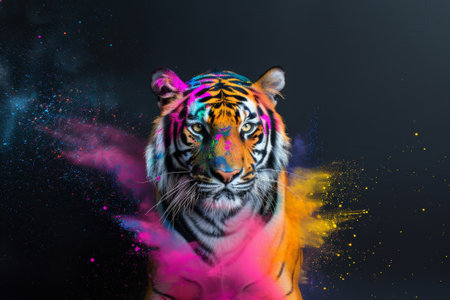 Portrait of a beautiful tiger with colored powder on a black backgroundの素材