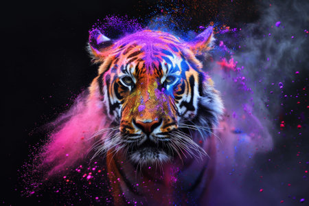 Close-up portrait of a tiger with colorful smoke on a black backgroundの素材