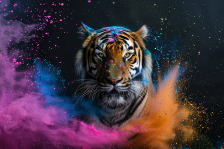 Close-up of a beautiful tiger in colored powder. Studio shot.の素材