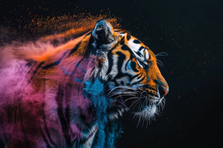 Close-up portrait of a tiger with colored powder on a black backgroundの素材