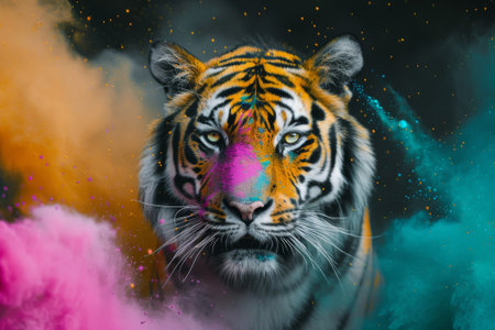 Portrait of a tiger with colored smoke in the background. Symbol of 2022.の素材