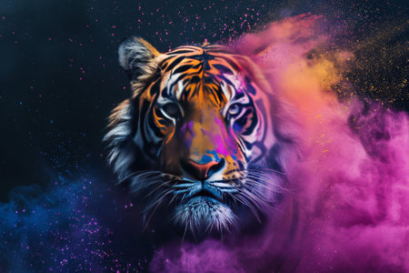 Close-up portrait of a tiger in a colored powder cloud.の素材