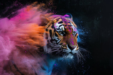 Portrait of a beautiful tiger with colored smoke on a black backgroundの素材