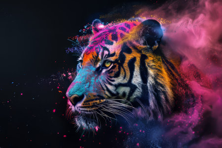 Tiger with colorful smoke on a black background. Abstract background.の素材