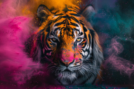 Portrait of a tiger with a colored smoke on a black backgroundの素材