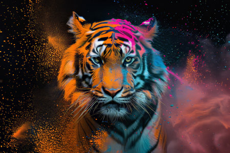 Portrait of a tiger with a colorful paint splash on a black backgroundの素材