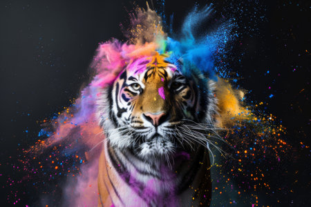 Portrait of a tiger in colored powder on a black background.の素材