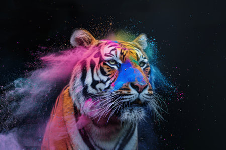 Close-up portrait of a tiger in colored powder on a black backgroundの素材
