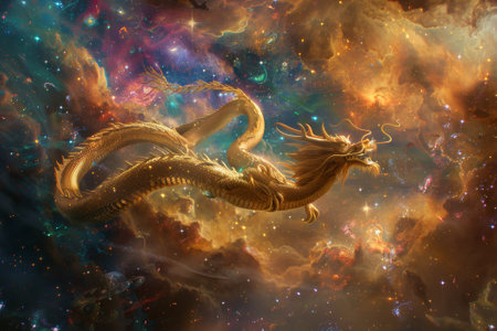 Golden dragon and nebula in deep space. 3D rendering.の素材