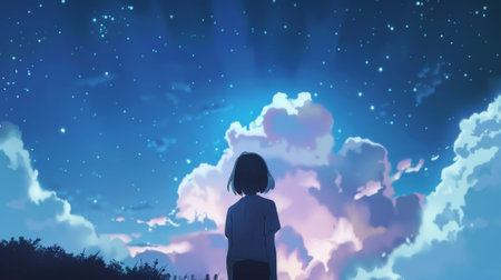 Little girl looking at the night sky with clouds. 3D renderingの素材