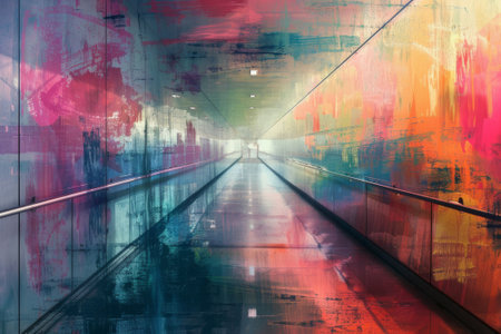 Modern escalator with colorful graffiti on the wall. 3d renderingの素材