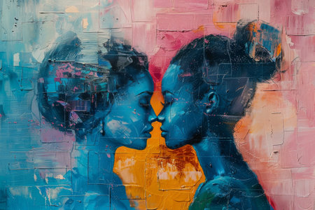 Colorful graffiti on the wall of an abandoned factory. Two young women in profile.の素材