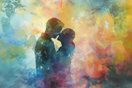 Silhouette of a loving couple on abstract watercolor background.の素材