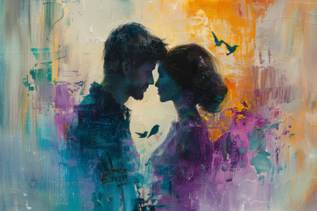 Young couple in love on the background of the painted wall. A man and a woman kiss.の素材