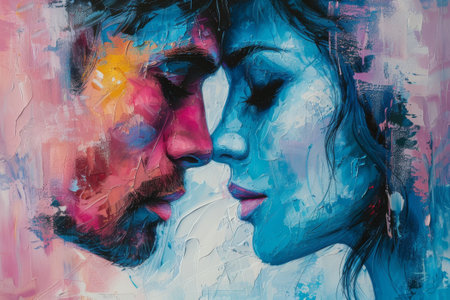 Portrait of a man and a woman painted with oil paints.の素材