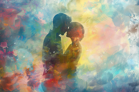 Passionate couple kissing against digitally generated image of colorful abstract backgroundの素材