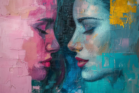 Two young beautiful women with painted faces. Contemporary art collage.の素材