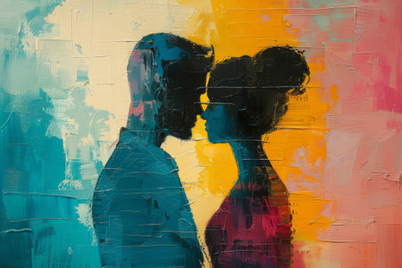 Man and woman kissing on colorful background. Close up. Concept of loveの素材