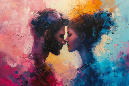 Portrait of a beautiful young couple in love. Multicolored background.の素材