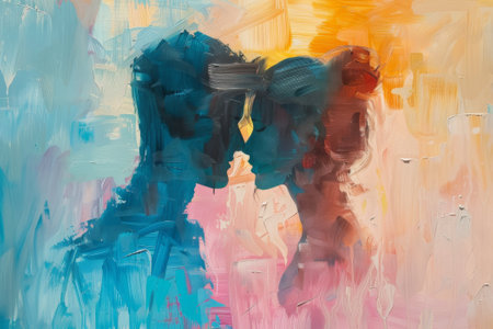 Abstract painting of two young women in love. Multicolored background.の素材