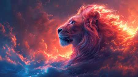 Lion in the sky with clouds. 3d render of a lion.の素材