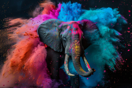 Elephant in colorful powder cloud on black background. Studio shot.の素材