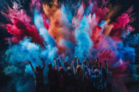 Group of people celebrating holi color festival. Colorful holi powder explosion.の素材