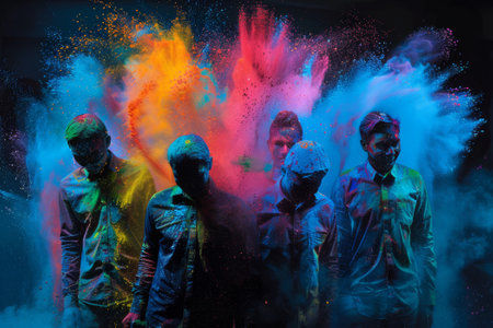 Portrait of a group of young people with colored powder on their facesの素材